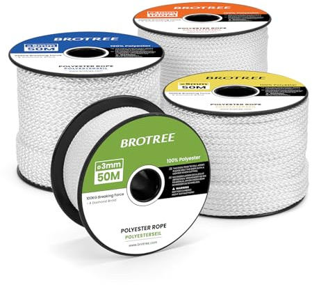 Brotree Corda Intrecciata in Poliestere 4mm x 30m Bianca in Bobina per Multiuso Giardino e Fai da te - 200 KG Carico di Rottura