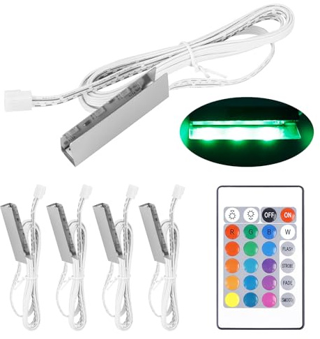 Set di 4 luci a LED per pavimenti in vetro, con alimentatore di rete da 12 V con interruttore, illuminazione per pavimenti in vetro, clip in vetro, luce RGB colorata per vetrine, scaffali da tavolo