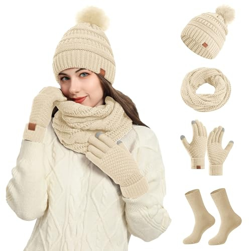 Generisch 2026 - Gorro de lana de invierno para mujer, guantes de peto y calcetines, conjunto de 4 piezas, gorro, bufanda y guantes para niño, beige, talla única