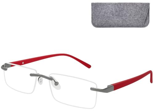 Mini Brille - Occhiali Neutri Anti Luce Blu Senza Montatura Rettangolari – Lenti Ultra Leggere, Aste in Acciaio Inox (Rosso), Occhiali Senza Gradazione Unisex con Filtro Luce Blu Uomo e Donna