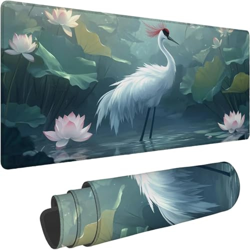 Mouse Mat 1400 x 700 x 3mm Large Mouse Mat Non Slip Rubber Base, Soft Textured Surface with Stitched Edges, Waterproof Desk Mat for PC, Laptop, Laser Mice, Lotus Red-Crowned Crane Printing xn-194