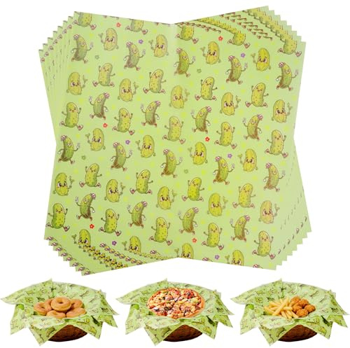Pineraap 100Pcs Pickle Wax Paper - Funny Green Pickles Deli Food Paper, Green Pickle Parchment Oil Proof Food Basket Liners Wax Sheets for Snack, Sandwich, Food Baking, Picnic Dessert, 11.8” x 11.8”