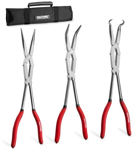 HAUTMEC Extra Long Needle Nose Pliers Set, 3PCS 13 Double Joint Long Reach Pliers, Circle Nose, Straight & 45° Bent Nose Plier, Extended Reach for Narrow Spaces, Automotive & DIY Repairs