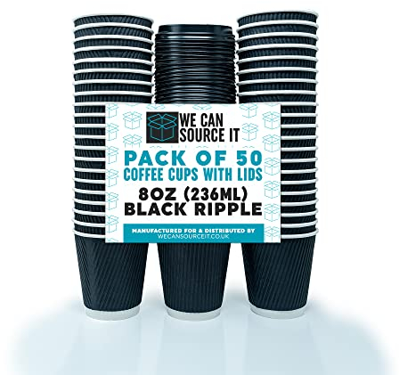 We Can Source It Ltd – Paper Ripple Cups 8oz with Black Lids – Leak Proof Hot Drink Cups – 3 Ply Insulated Design – Ideal for Home, Travel, Office, Parties, Easy to Use - Pack of 50