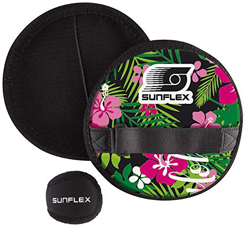 Sunflex Neopren Cure Catch Set Tropical Flower mit Zwei Schlägern und einem Ball in schwarz | Klettballspiel weich und leicht | extrem robust und langlebig