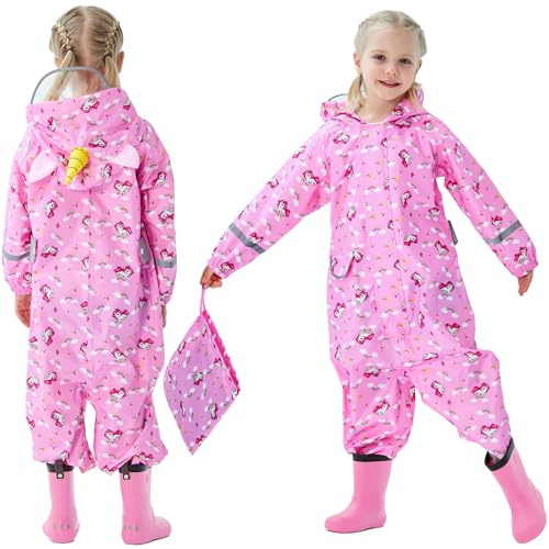 FILOWA Kids Puddle Suit Baby Girls Waterproof Suit All in One Rainsuit Children Hooded Raincoat Lightweight Portable Breathable Rainwear and Easy to Dry Muddy Suit for Childs 1-3 Years,Pink
