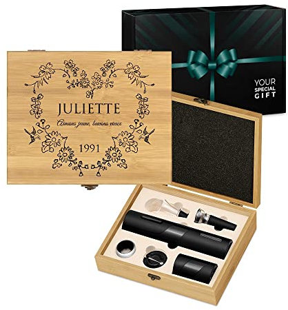 Maverton Ensemble d'accessoires pour vin pour femme - Set a vin dans coffret en Bois de Bambou - Boîte personnalisée - Jeu d'Accessoires pour Vin pour elle - Pour anniversaire - FLORAL