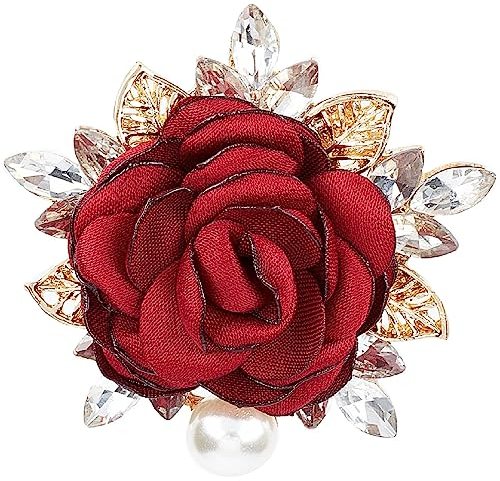 CRASPIRE Tissu Rose Rouge Broche Broche avec Cristal Strass Floral Fleur Décorative Robe Broche pour Femmes et Hommes Mariage Mariée Banquet Cocktail Danse Fête Accessoire Bijoux Saint Valentin Cadeau