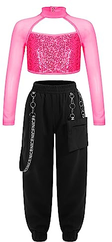 CHICTRY Kids Girls Long Sleeve Mock Neck Sequins Ballet Dance Crop Top with Jogger Cargo Pants Jazz Hip Hop Street Dancewear Hot Pink 13-14 Years