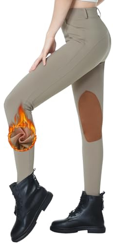 beroy Women Fleece Lined Horse Equestrian Riding Pants Breeches Winter Ladies Knee Patch Riding Horseback Pant with Pockets Khaki M