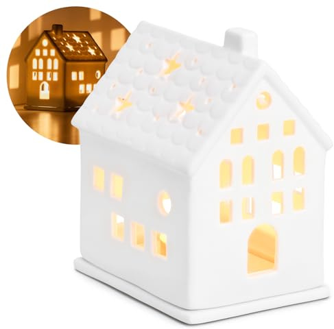 COM-FOUR® Casa de Luz de Té de Porcelana - Casa de Porcelana Mate con Base de Vela de Té - Casa de Luz - Decoración Elegante de la Habitación en Forma de Casa (Blanco - 13,5 cm)