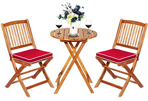 COSTWAY Set Tavolino e Sedie da Girdino Pieghevole, Set da Bistro 3 Pezzi in Legno di Acacia, con Cuscino, Set di Mobili da Esterno, Tavolino Portato 80kg, Sedie Portate 160kg (Cuscino Rosso)