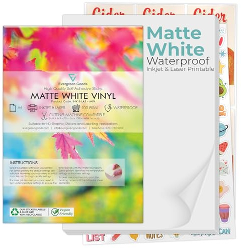Evergreen Goods 50 A4 Matte White Printable Sticker Paper Vinyl | Inkjet Laser Waterproof Sheets - Blank Self Adhesive Vinyl | Make Your Own Stickers & Product Labels | Ideal for Cricut Cameo Cutters