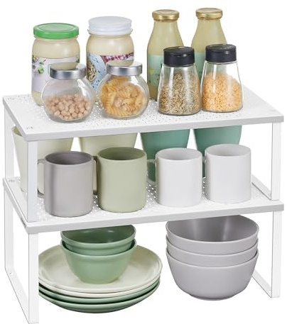 SONGMICS Especiero, Estante para Especias, Organizador para Armarios, para Mostradores, Elevador de Estantes, Apilable, Ampliable, Juego de 2 Estantes Metálicos para Cocina, Blanco KCS401W01