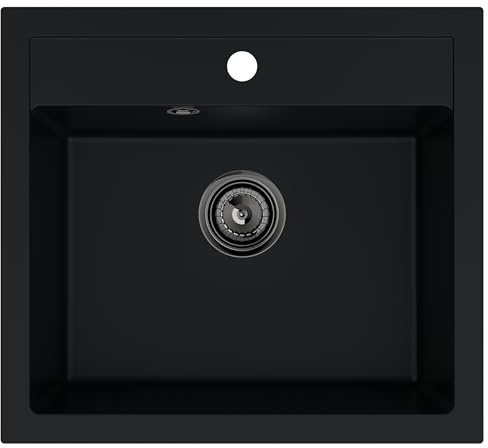 SINK Quality Evier cuisine en granit noir 56 x 51 cm - Lavabo 1 bac - Siphon en graphite et agent d'imprégnation inclus - Evier à poser - Évier cuve simple pour Meubles Bas de 60 cm