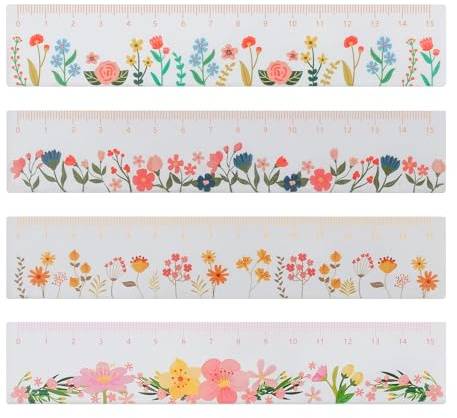 BAYTORY 4 règles en plastique de 15 cm, petites règles avec marquage centimétrique pour mesurer dans les écoles et les bureaux (Fleurs et plantes)