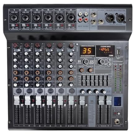 Power Mixer Interface USB Bluetooth Mixerkonsol 6 Kanaler 48V Fantommatad Ljudkort Musik for PC Scen DJ Studio Studioljudkort