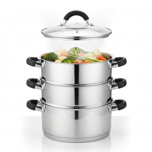UNIQUE CARFTS 3 Tier Stainless Steel Steamer Pan | Durable Vegetable Steam Cooker Pots with Glass Lid, Vent & Twin Handles | Suitable for All Hobs Inc Induction | Dishwasher Safe | 22CM (20cm)