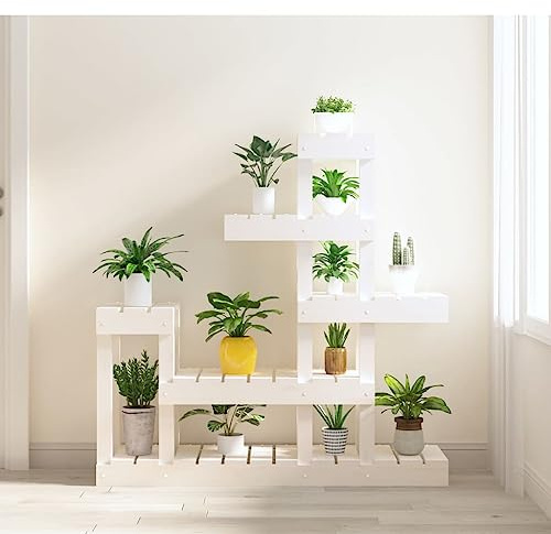 Frdhee Banco de flores para salón, soporte para plantas, color blanco, 92 x 25 x 97 cm, madera maciza de pino, mesa de plantación para balcón, salón, maceta