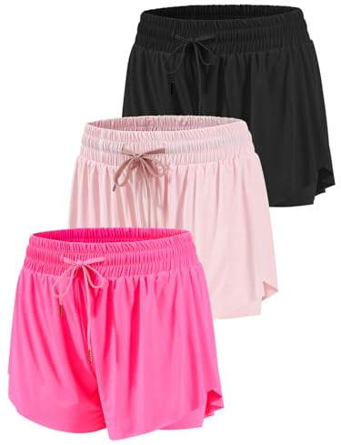 Orrfreer 3 Pack Girls Butterfly Shorts Athletic 2-in-1 Running Shorts for Girls Teen with Pockets Colourful Summer Sports Shorts Built-in Breathable Shorts Black/Pink/Hot Pink L