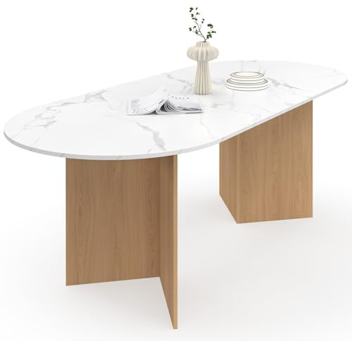 IDMarket - Table à Manger Extensible Ovale Marthe 6-10 Personnes Plateau marbre Blanc Alaska et Bois façon hêtre 160-200 cm