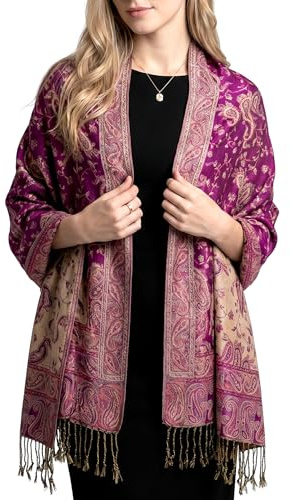 Achillea Sciarpa pashmina reversibile con motivo cachemire, scialli esotici indiani e stole per abiti da sera, festival, rave, per tutte le stagioni, Viola brillante., 28W x 76L
