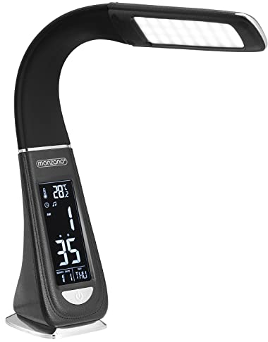 Monzana Lámpara de Escritorio LED 3 Niveles de Brillo Brazo Flexible Despertador Termómetro Calendario