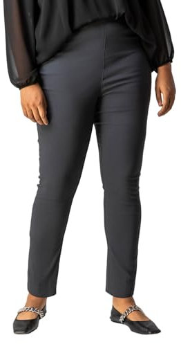 Roman Originals Stretch Trousers for Women UK Ladies High Waisted Pants Pull On Leggings Smart Slimming Office Work Fitted Tailored Tapered Regular & Plus Sizes - Plus Dark Grey (28 in) - Size 30