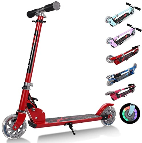GYMAX Monopattino a Spinta per Bambini 4-13 Anni, 2 PU Ruote Luminose, Regolabile a 3 Altezze 63-85 cm, Manubrio Pieghevole, Scooter in Alluminio, Freno Posteriore, Carico di 70 kg, Rosso