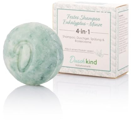 Duschkind Shampooing solide à la menthe eucalyptus 4 en 1 avec beurre de Murumuru 56 g - Shampooing • Gel douche • Après-shampoing • Crème à raser – Parfum naturel, végétalien et sans plastique