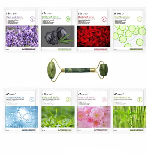 [8+1] Maschera Idratante Viso + Rullo di Giada Facciale, SkinCare idratante, Maschera Viso in Tessuto 8 Fragranze, Cura della Pelle, Maschera Viso Coreana