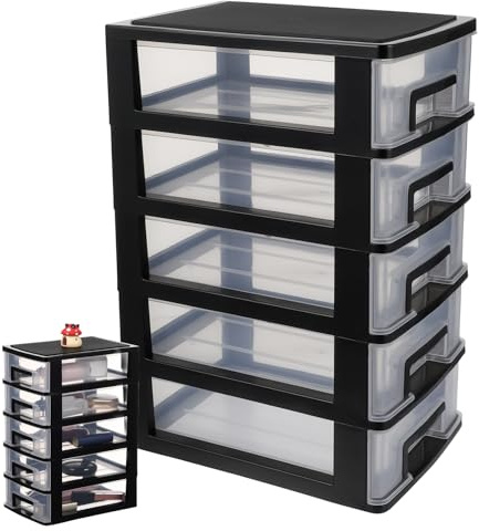 Cabilock 5-Tier Plastic Storage Drawers Clear Desktop Organiser Unit Small Stackable Craft Bins for Office Stationery Makeup Jewellery 31x21x15cm