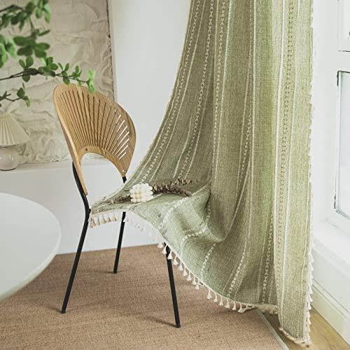 Sutuo Home Boho Curtains for Living Room Farmhouse, Semi-Blackout French Country Striped Linen Vintage Shabby Chic Tassels Hollow Window Treatment Bohemian Drape, 1 Panel 52 W x 90 L Green