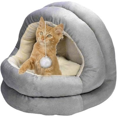 Kuvias Cat Cave Igloo - Enclosed Self Warming Tunnel Bed with Window, Dangling Toy & Detachable Cushion Pillow - Durable Grey Cat Bed Dome Igloo Tent for Indoor Use (Beige, 35x22x40cm)