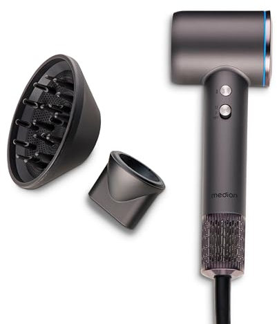 MEDION Föhn - Ionen Haartrockner mit Diffusor HD1 (1.600 Watt, Stylingdüse, magnetische Aufsätze, leise langlebiger BLDC Motor, LED Ringlicht, langes Netzkabel) Haarföhn in schwarz