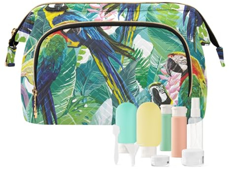 Seamless Colorful Parrots and Exotic Green Plants with Pink Flowers Women Cosmetic Bag Makeup Bag Stylish Trip Beauty Bag Travel Toiletry Bag with Bottle Organizer 10.2 x 5.9 x 6.7 inch
