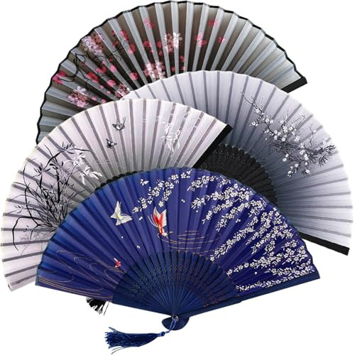 4 PCS Éventail Pliantes, Eventail en Bois Moderne, Éventail à Main Décoration Ventilateurs à Main en Tissupour Anniversaire, Fête, Mariage, Photographie, Décoration Murale