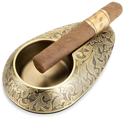 CIGARLOONG Cigar Ashtray Carving Stainless Steel Large Slot Ashtray Anti-Bottom for Home/Office/Patio (Gold)