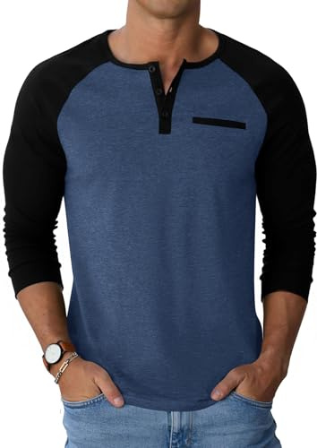 Runcati Mens Henley Shirts Raglan Long Sleeve Casual T-Shirts Color Block Button Shirt Vintage Tops with Pocket Navy