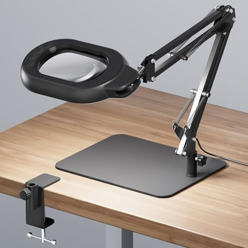 RIXGLEAM Lupa rectangular de 10 aumentos con luz y soporte, lámpara de aumento LED regulable con abrazadera, lupa ajustable con brazo oscilante para pasatiempos, trabajo cercano, lectura, manualidades