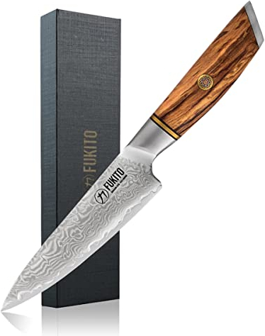 Fukito - Couteau Universel Olive Damas Design Japonais Lame Damassée 13cm Manche en Bois d'Olivier - Vendu dans un Coffret Cadeau