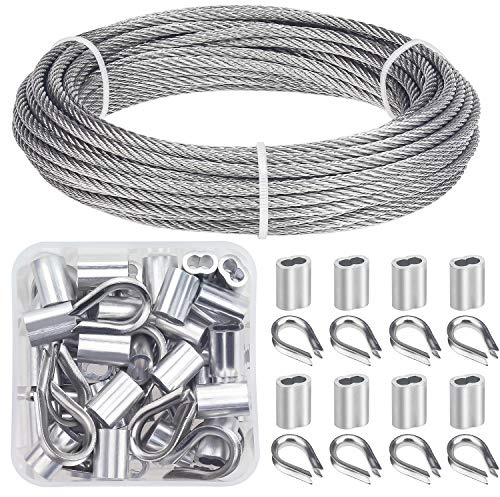 Favordrory Cable Railing Kits Includes 1/8 Inch x 33 Feet 304 Stainless Steel Wire Rope Cable, 50 Pieces Aluminum Crimping Sleeves and 12 Pieces Thimbles for Railing, Decking, Picture Hanging