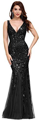 Ever-Pretty Vestidos de Fiesta Sirena sin Mangas Cuello en V Lentejuelas Tul Corte Imperio para Mujer Negro 46