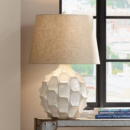 Possini Euro Design Cosgrove Mid Century Modern 3-Way Table Lamp with Table Top Dimmer 26.5 High White Glazed Ceramic Light Brown Linen Drum Shade for Living Room Bedroom House Bedside Nightstand