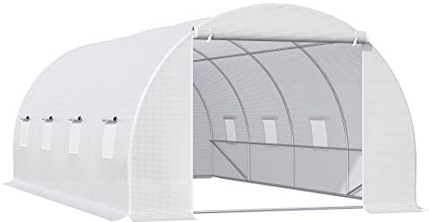 Outsunny Invernadero de Túnel 6x3x2 m Invernadero de Terraza con 8 Ventanas Cubierta de Polietileno 140 g/m² y Estructura de Acero para Cultivo Plantas Verduras en Jardín Blanco