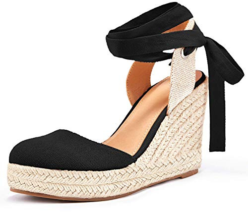 Ermonn Women's Espadrilles Wedge Platform Sandals Closed Toe Ankle Strap Lace Up Summer Dress Shoes