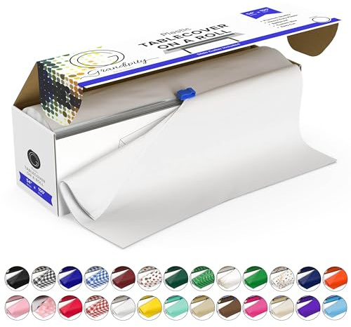 Grandipity Plastic Tablecloth Roll - 54in x 100 Ft. White Plastic Table Cloths for Parties Disposable with Cutter Box - Cut to Size Disposable Tablecloth Table Cover for Rectangle & Round