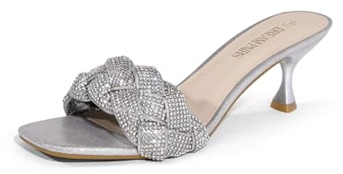 DREAM PAIRS Women's Rhinestone Open Toe Low Kitten Heels, Sexy Stilettos, Party Evening Prom Dance Dress Shoes, Size 8, Silver/Rhinestone, SDHS2216W