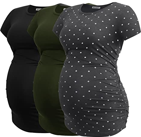 Smallshow Women's Maternity Tops Side Ruched Tunic T-Shirt Pregnancy Clothes, Army Green/Black/Svp145, S