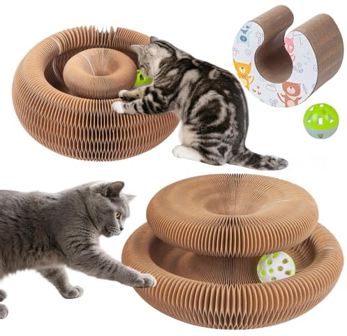 Kitty Kurlz Cat Toys for Indoor Kitten & Adult Cats – Magic Accordion Scratcher Board, Curly Scratch Ring, Enrichment Play Track with Ball, Flexible Kurls for Outdoor or Indoor Fun